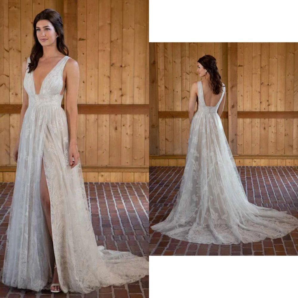 Essense of Australia D3665 Lace Plunging Neckline Grecian Wedding Dress Size 12